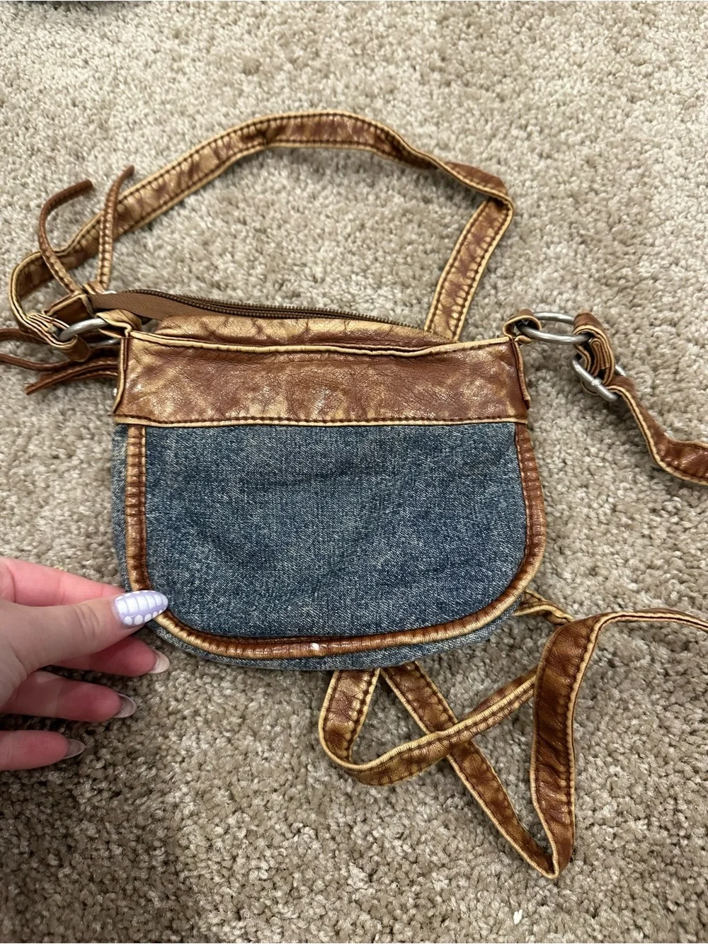 Mudd Denim and Distressed Brown Studded Crossbody Bag